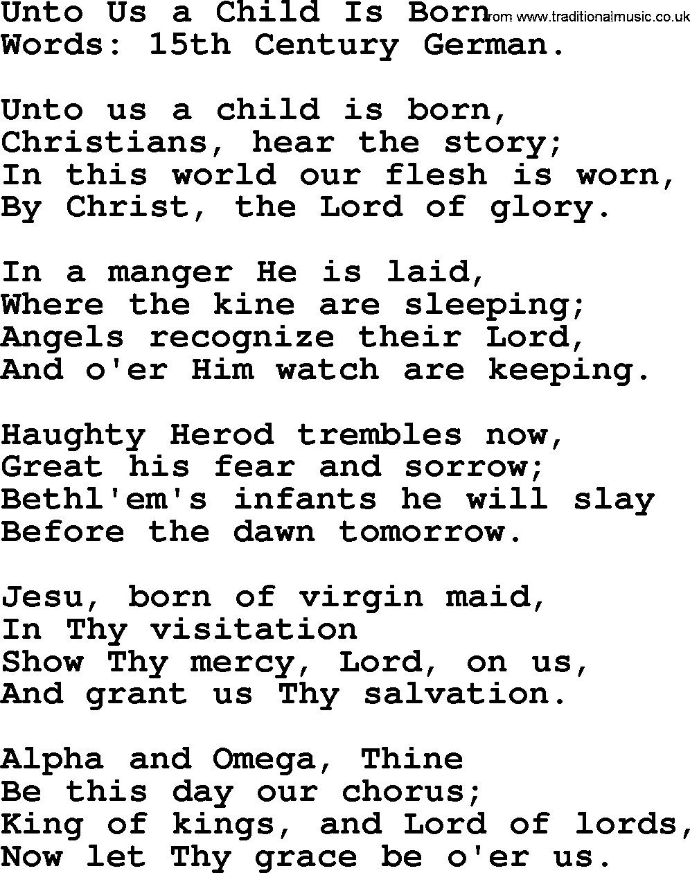 Christmas Hymns, Carols and Songs, title: Unto Us A Child Is Born, lyrics with PDF