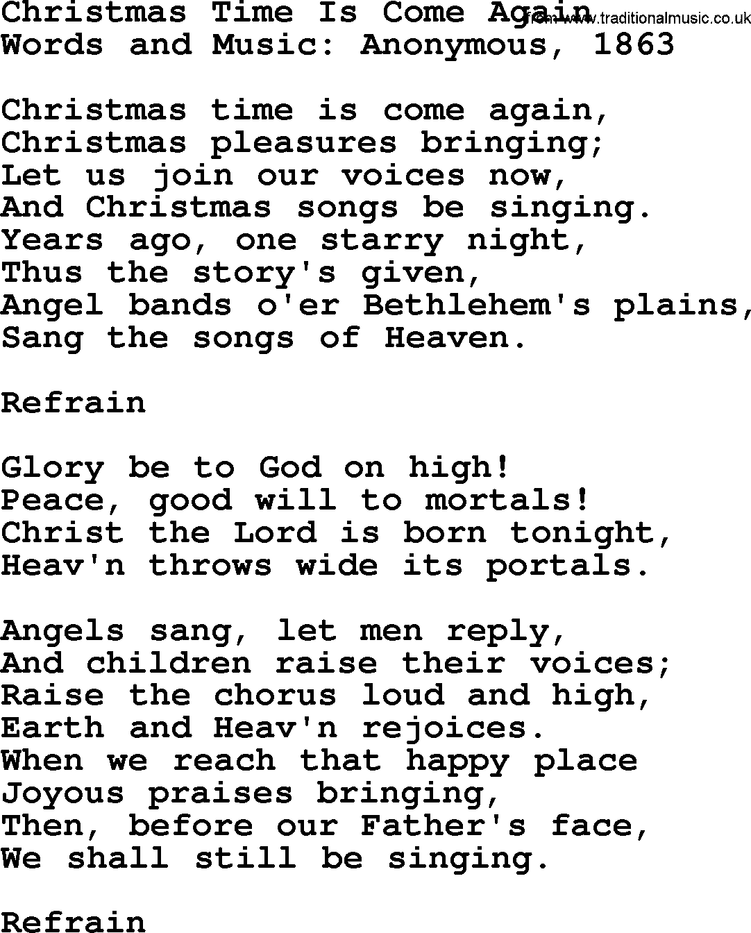 280 Christmas Hymns and songs with PowerPoints and PDF, title: Christmas Time Is Come Again, lyrics, PPT and PDF