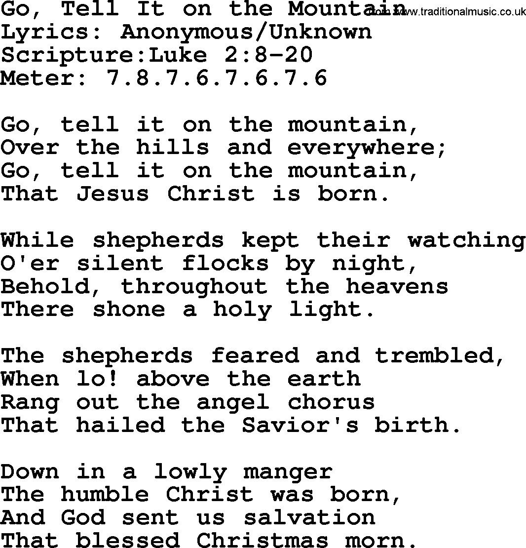 280 Christmas Hymns and songs with PowerPoints and PDF, title: Go, Tell It On The Mountain, lyrics, PPT and PDF