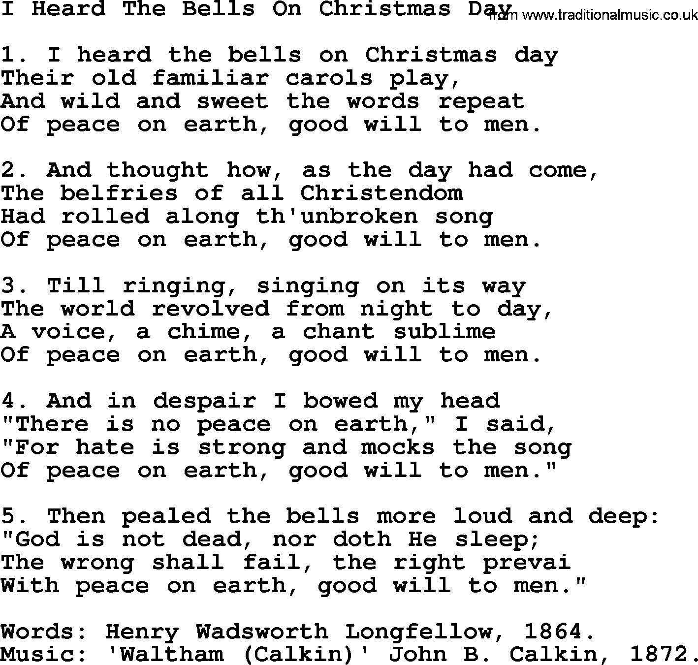 280 Christmas Hymns and songs with PowerPoints and PDF, title: I Heard The Bells On Christmas Day, lyrics, PPT and PDF