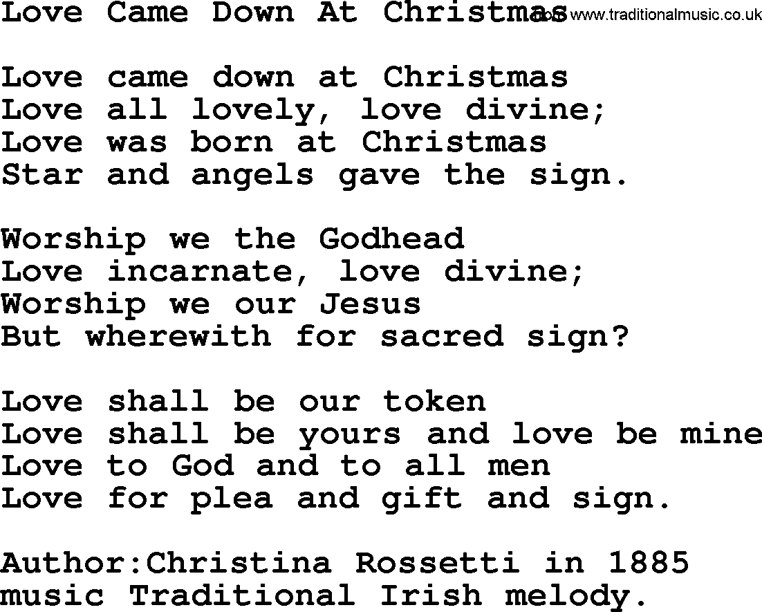 280 Christmas Hymns and songs with PowerPoints and PDF, title: Love Came Down At Christmas, lyrics, PPT and PDF