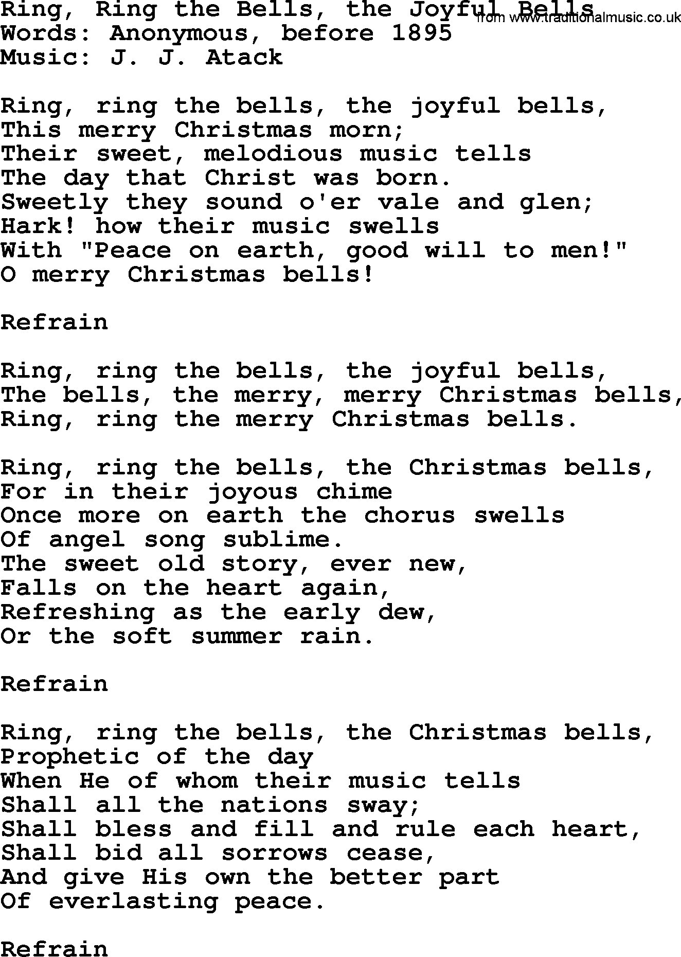 280 Christmas Hymns and songs with PowerPoints and PDF, title: Ring, Ring The Bells, The Joyful Bells, lyrics, PPT and PDF