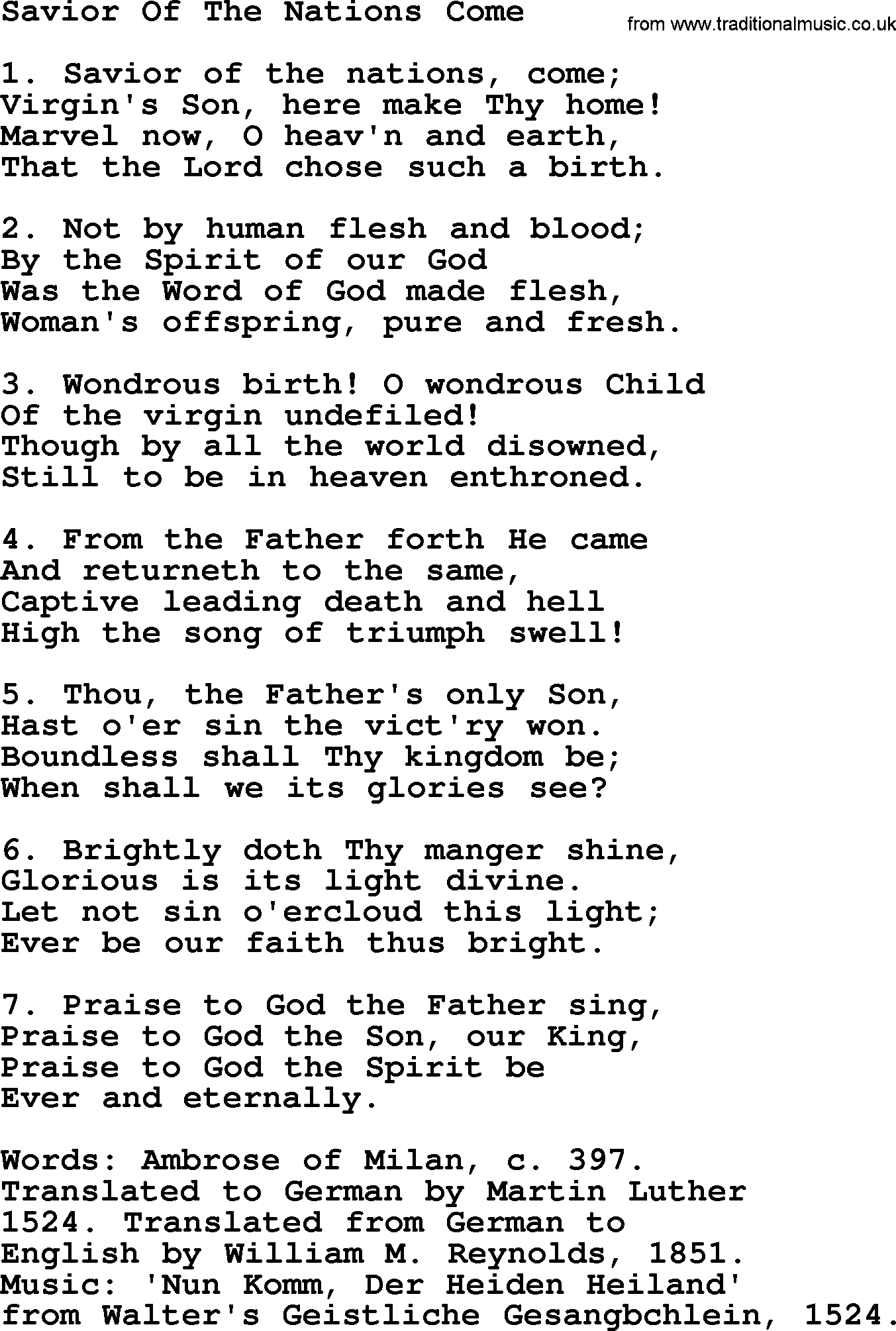 280 Christmas Hymns and songs with PowerPoints and PDF, title: Savior Of The Nations Come, lyrics, PPT and PDF