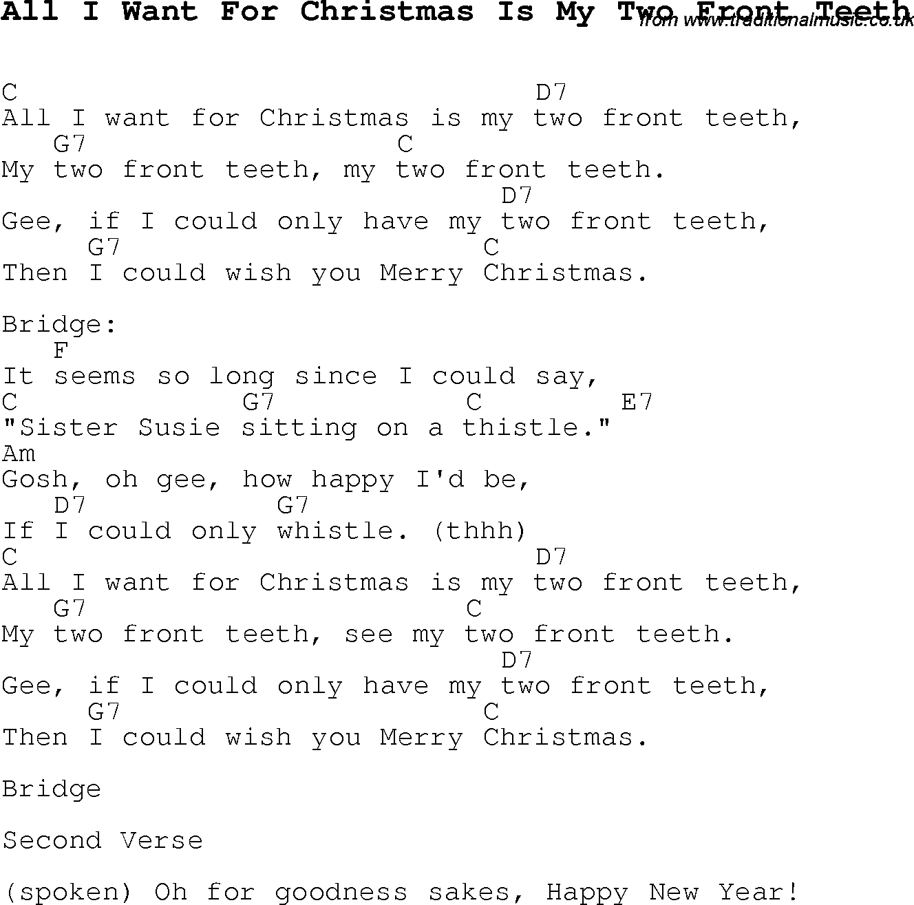 Christmas Songs and Carols, lyrics with chords for guitar banjo for All I Want For Christmas Is My Two Front Teeth