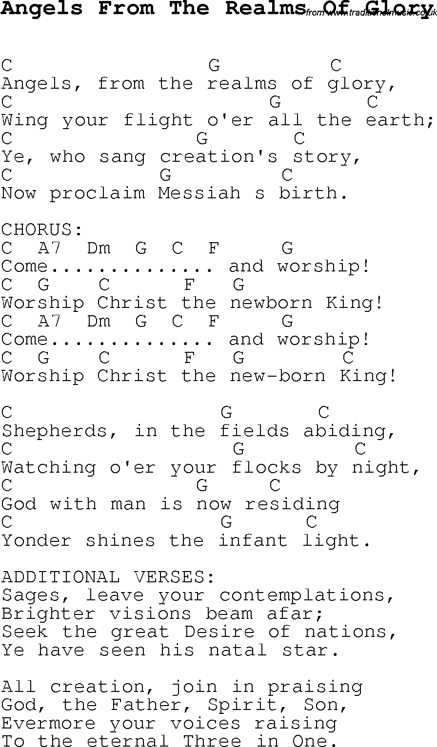 Christmas Songs and Carols, lyrics with chords for guitar banjo for Angels From The Realms Of Glory