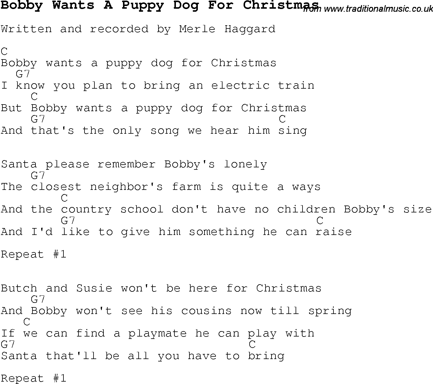 Christmas Songs and Carols, lyrics with chords for guitar banjo for Bobby Wants A Puppy Dog For Christmas