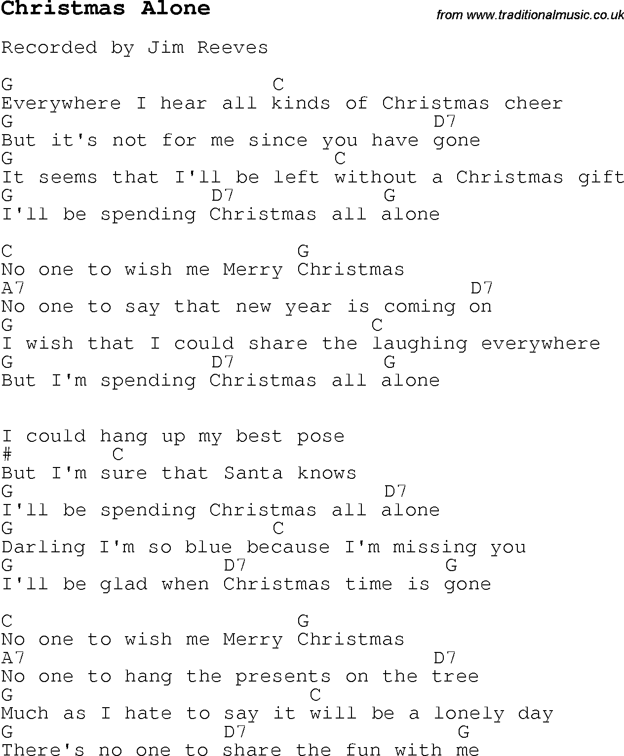 Christmas Songs and Carols, lyrics with chords for guitar banjo for Christmas Alone
