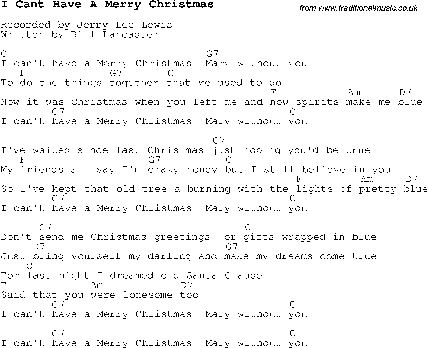 Christmas Songs and Carols, lyrics with chords for guitar banjo for I Cant Have A Merry Christmas