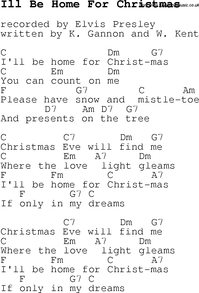 Christmas Songs and Carols, lyrics with chords for guitar banjo for Ill Be Home For Christmas