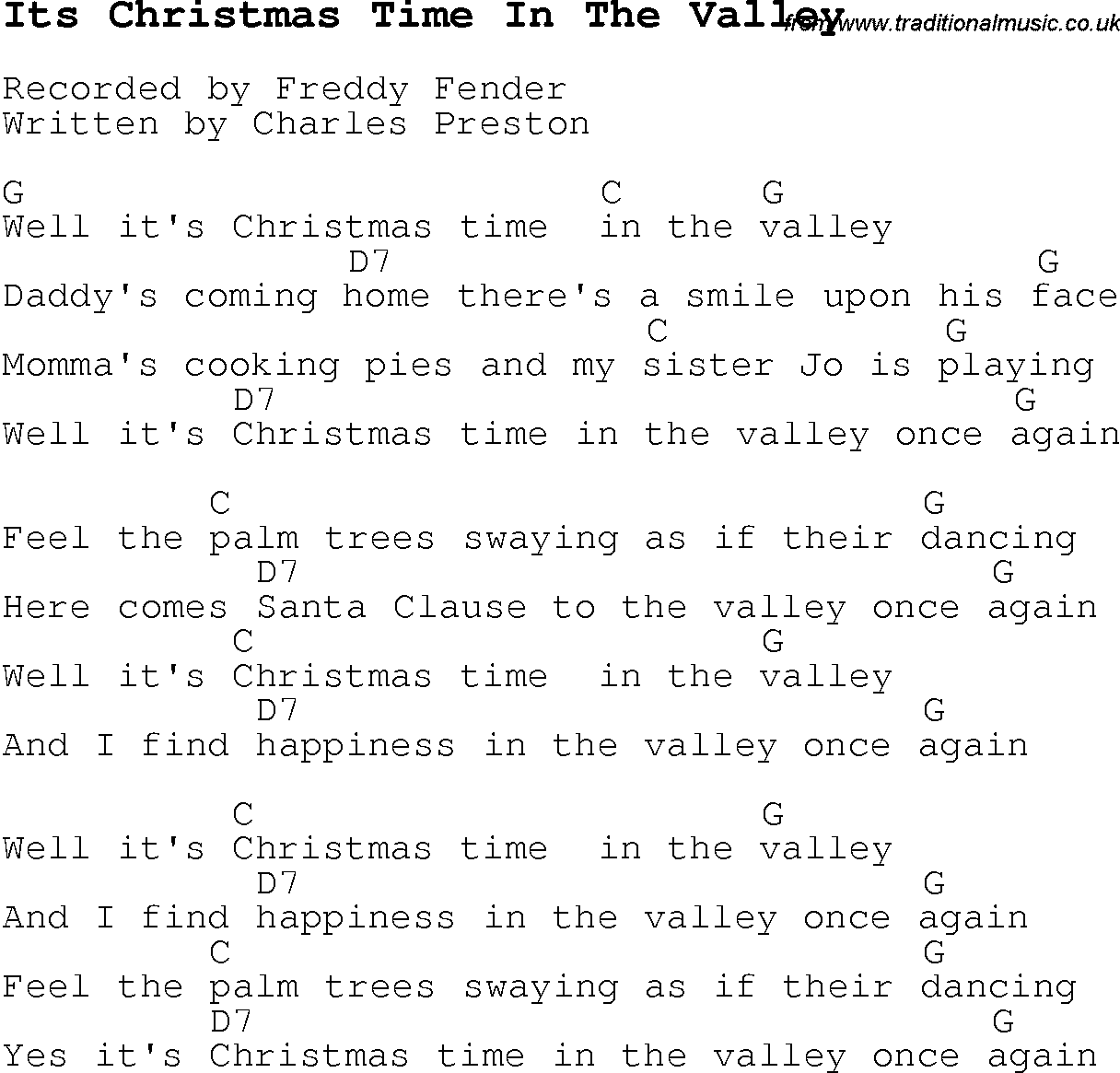 Christmas Songs and Carols, lyrics with chords for guitar banjo for Its Christmas Time In The Valley