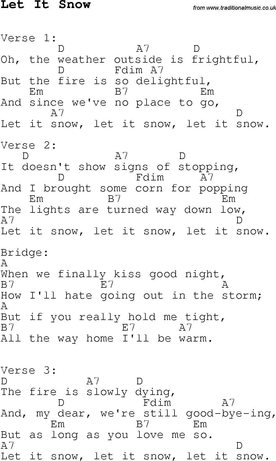 Christmas Songs and Carols, lyrics with chords for guitar banjo for Let It Snow