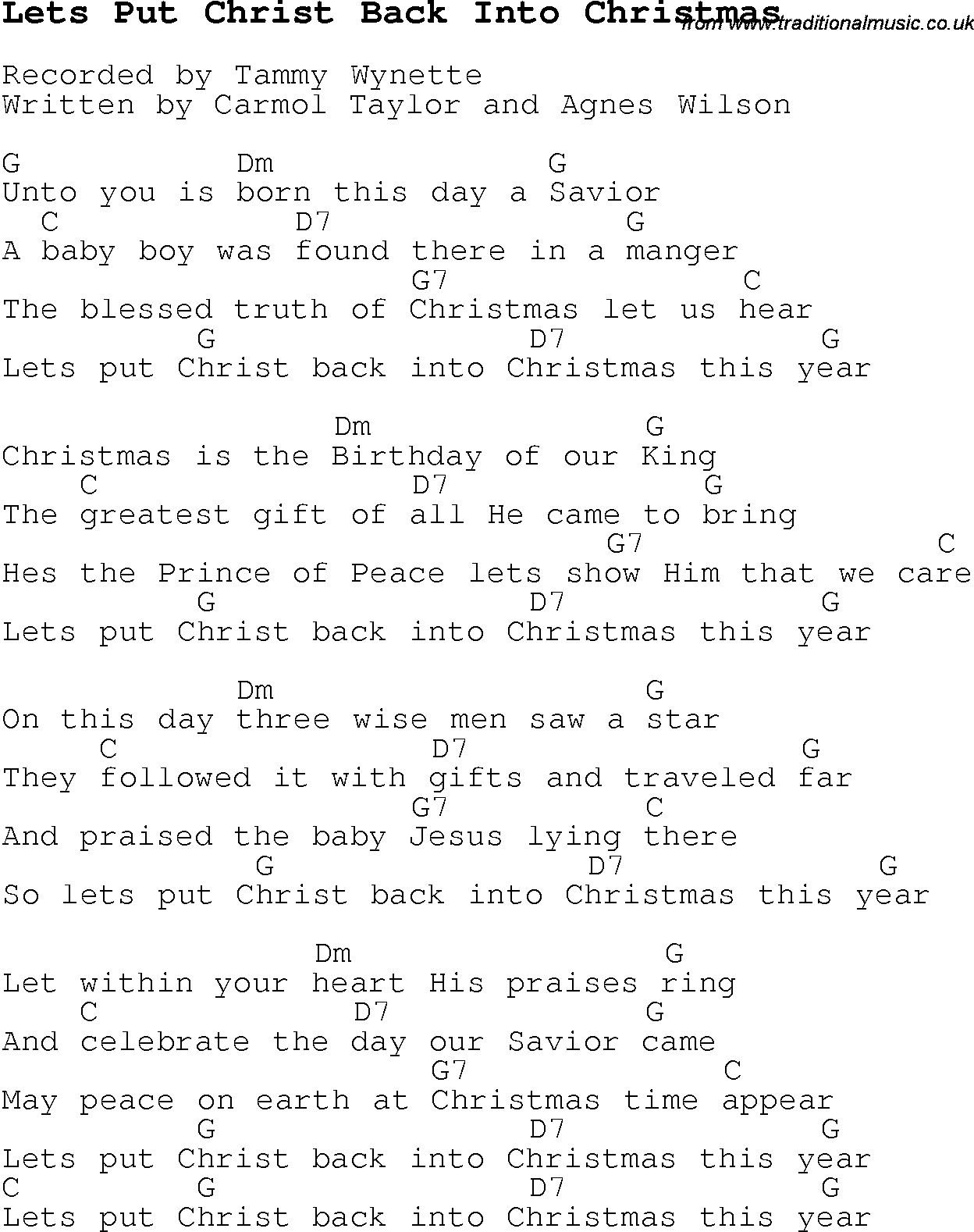 Christmas Carol/Song lyrics with chords for Lets Put Christ Back