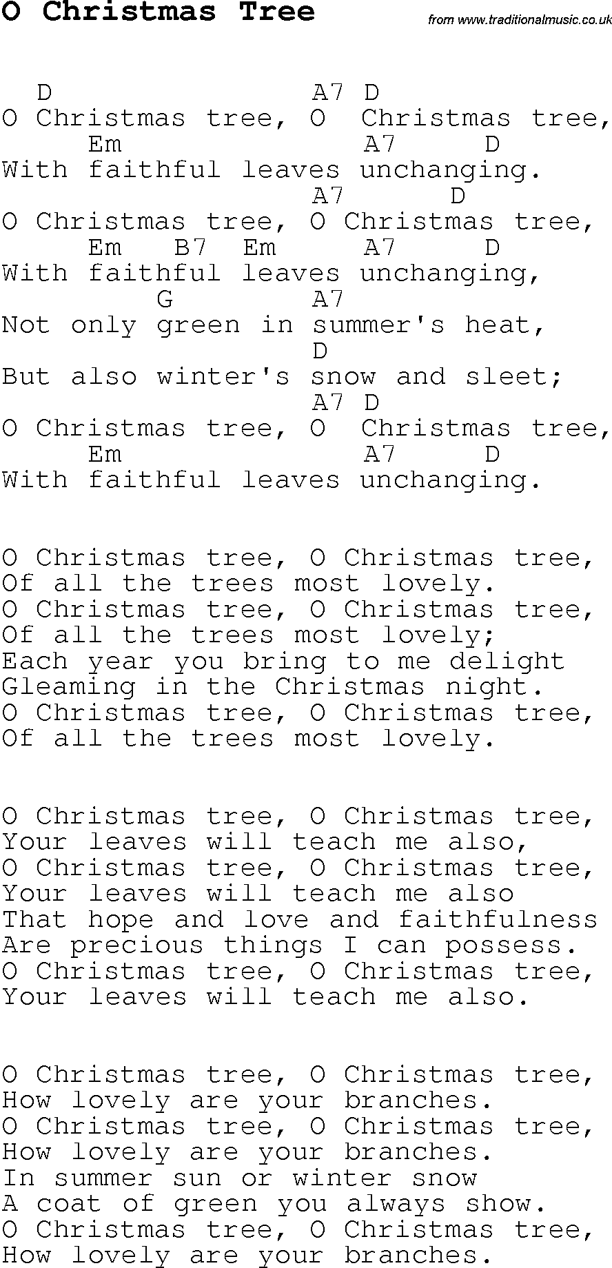 Christmas Songs and Carols, lyrics with chords for guitar banjo for O Christmas Tree