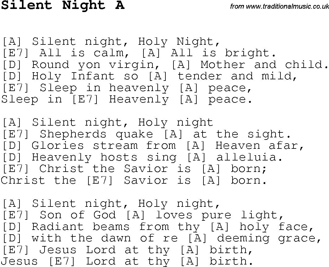 Christmas Songs and Carols, lyrics with chords for guitar banjo for Silent Night A