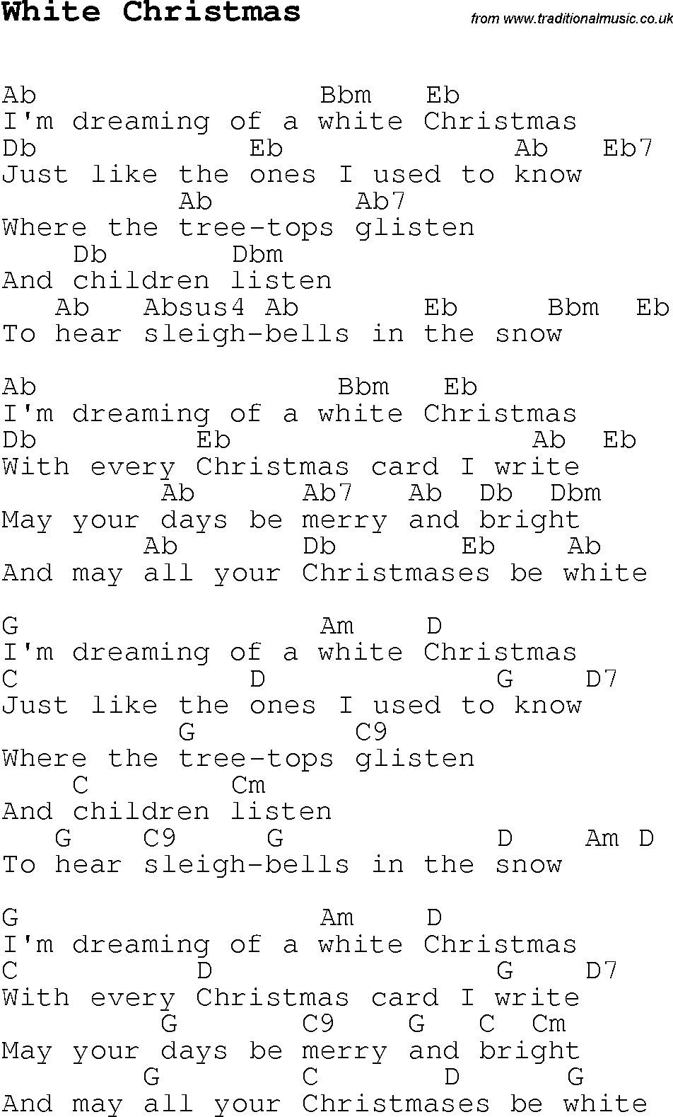 Christmas Songs and Carols, lyrics with chords for guitar banjo for White Christmas