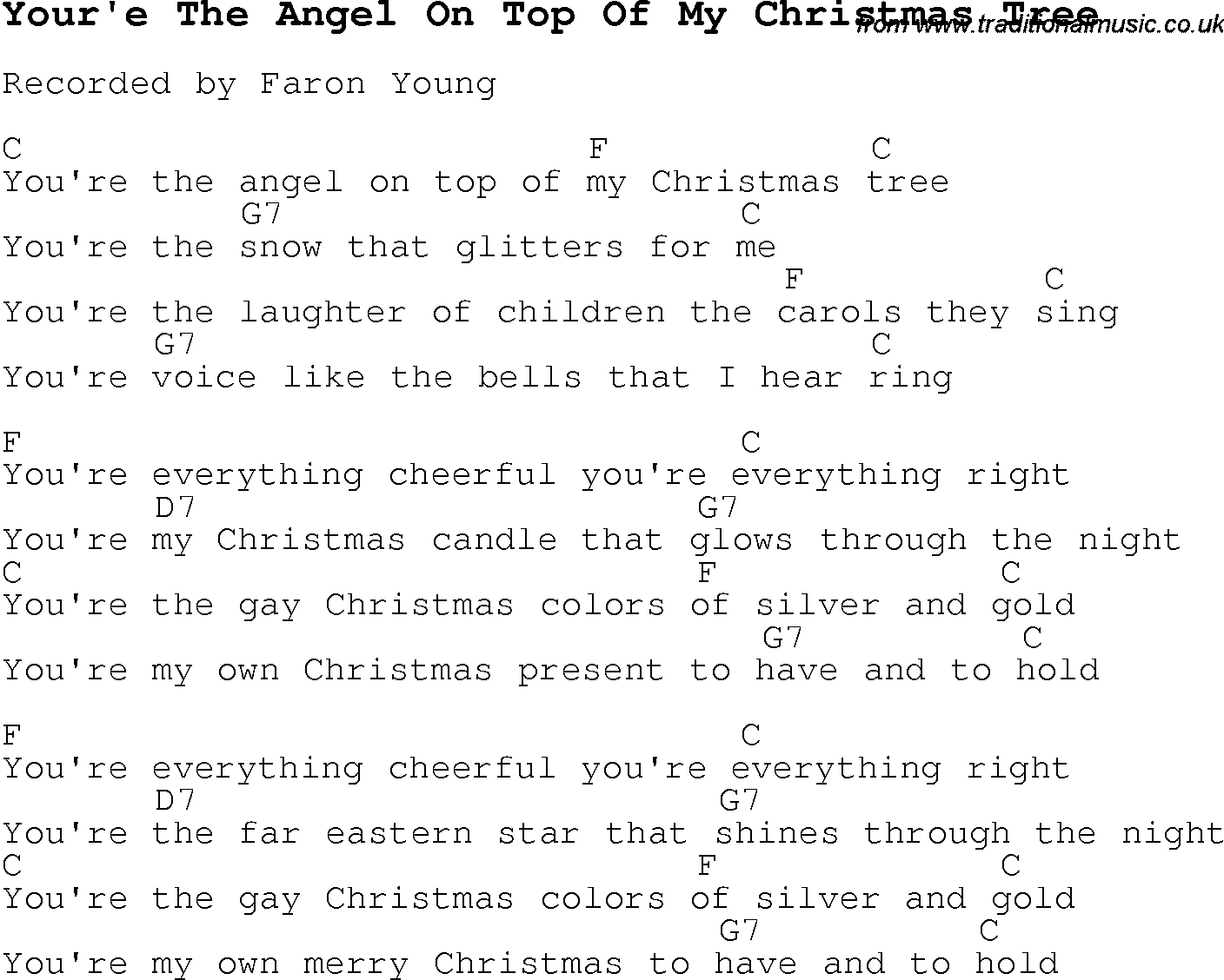 Christmas Songs and Carols, lyrics with chords for guitar banjo for Your'e The Angel On Top Of My Christmas Tree