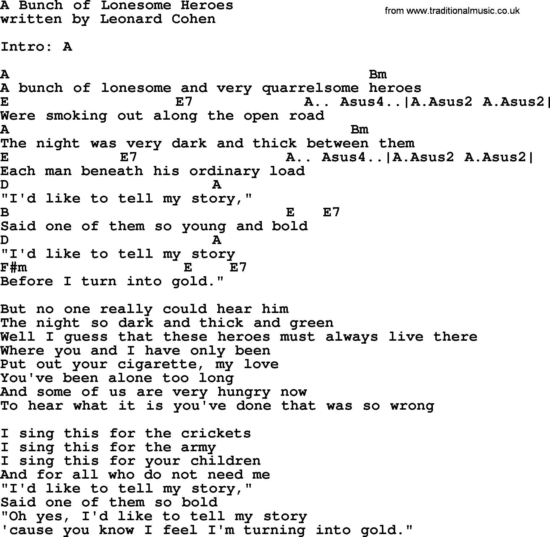 Leonard Cohen song A Bunch Of Lonesome Heroes, lyrics and chords