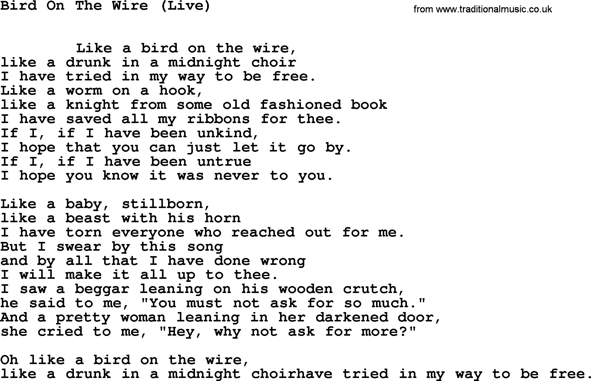 Leonard Cohen song Bird Wire(Live)-leonard-cohen.txt lyrics