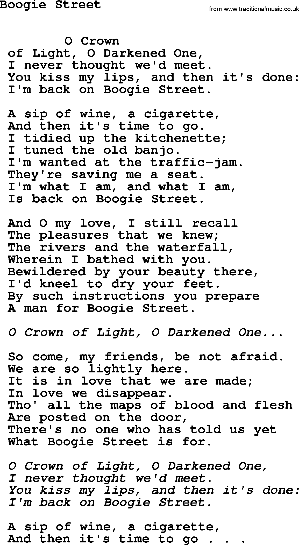 Leonard Cohen song Boogie Street-leonard-cohen.txt lyrics