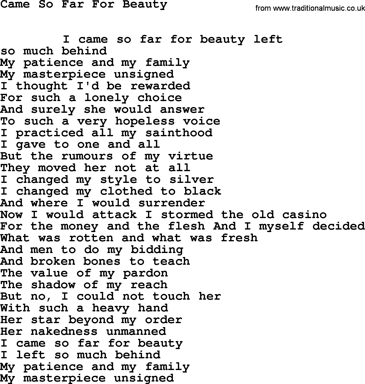 Leonard Cohen song Came So Far Beauty-leonard-cohen.txt lyrics