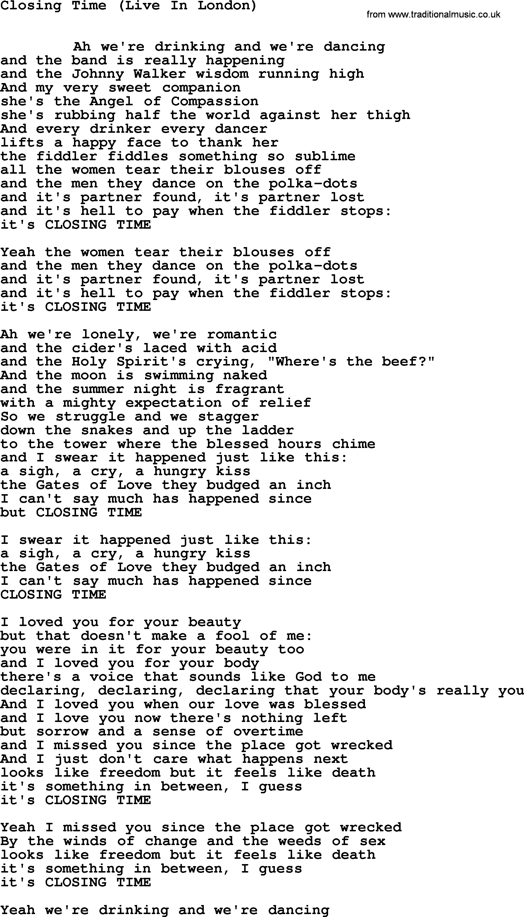 Leonard Cohen song Closing Time(London)-leonard-cohen.txt lyrics