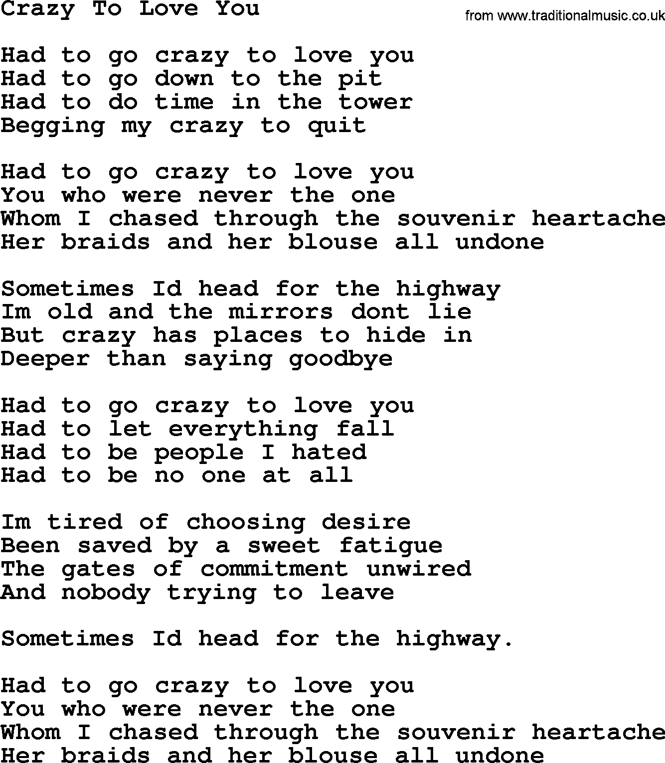 Leonard Cohen song Crazy To Love You-leonard-cohen.txt lyrics