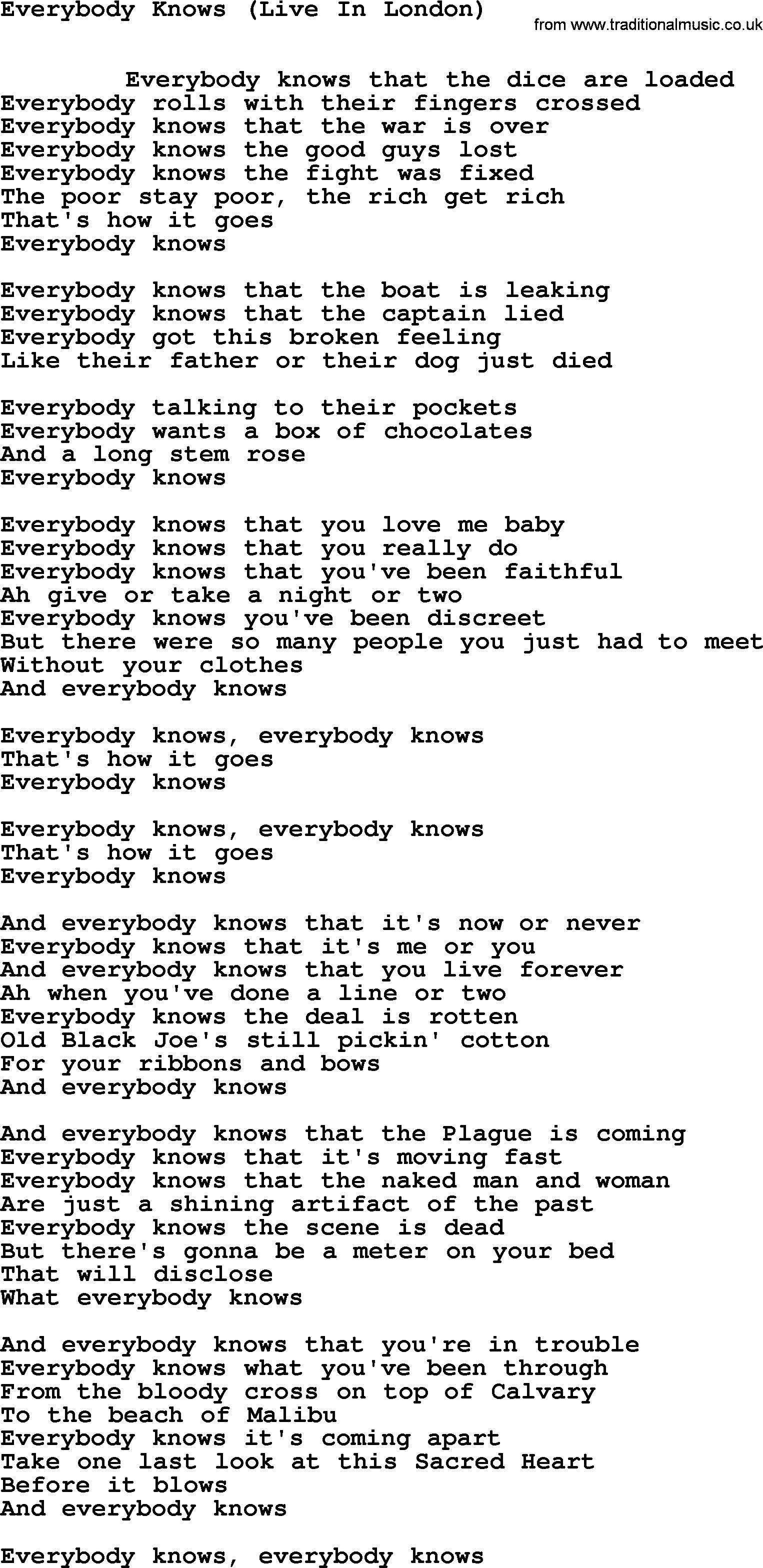 Leonard Cohen song Everybody Knows(London)-leonard-cohen.txt lyrics