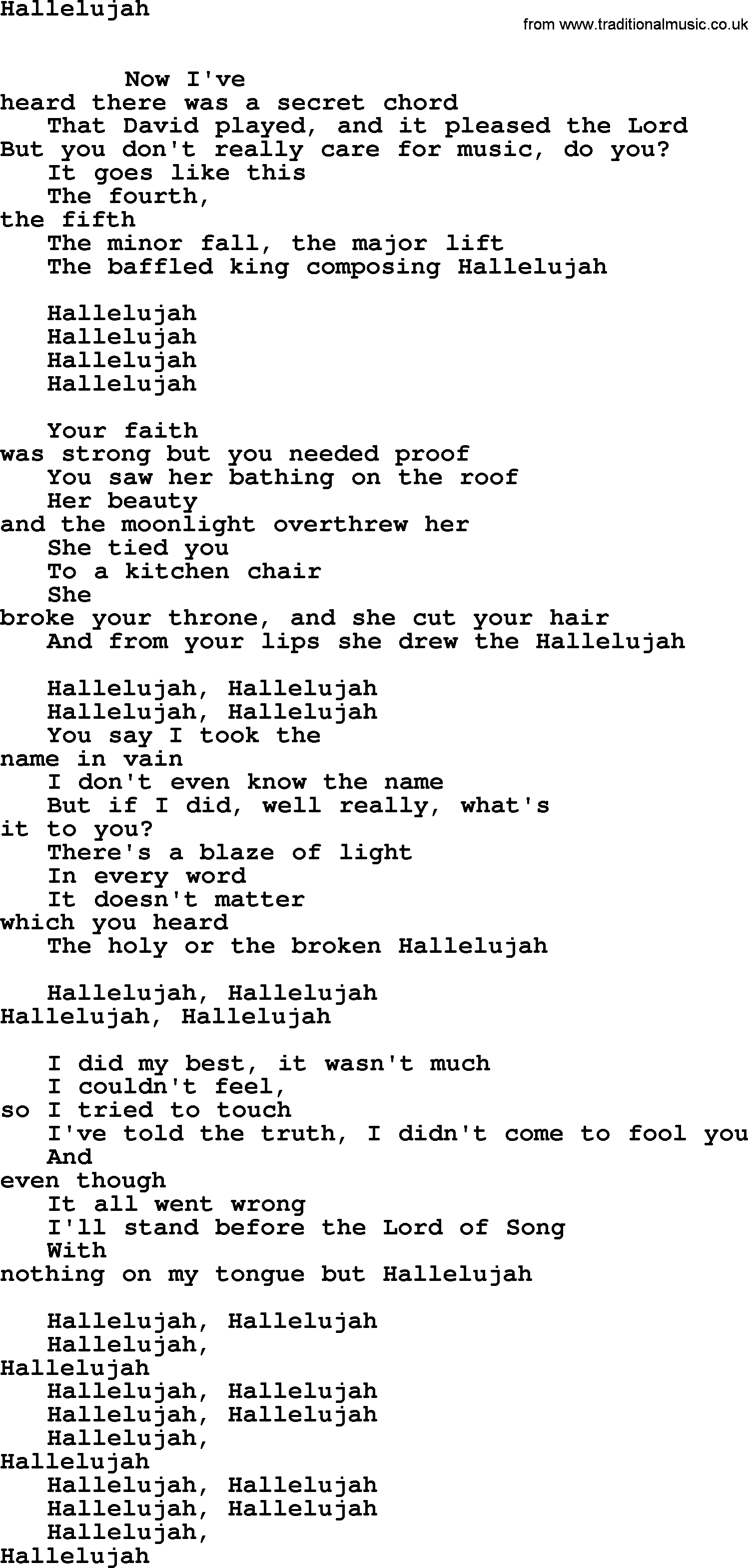 Leonard Cohen song Hallelujah-leonard-cohen.txt lyrics