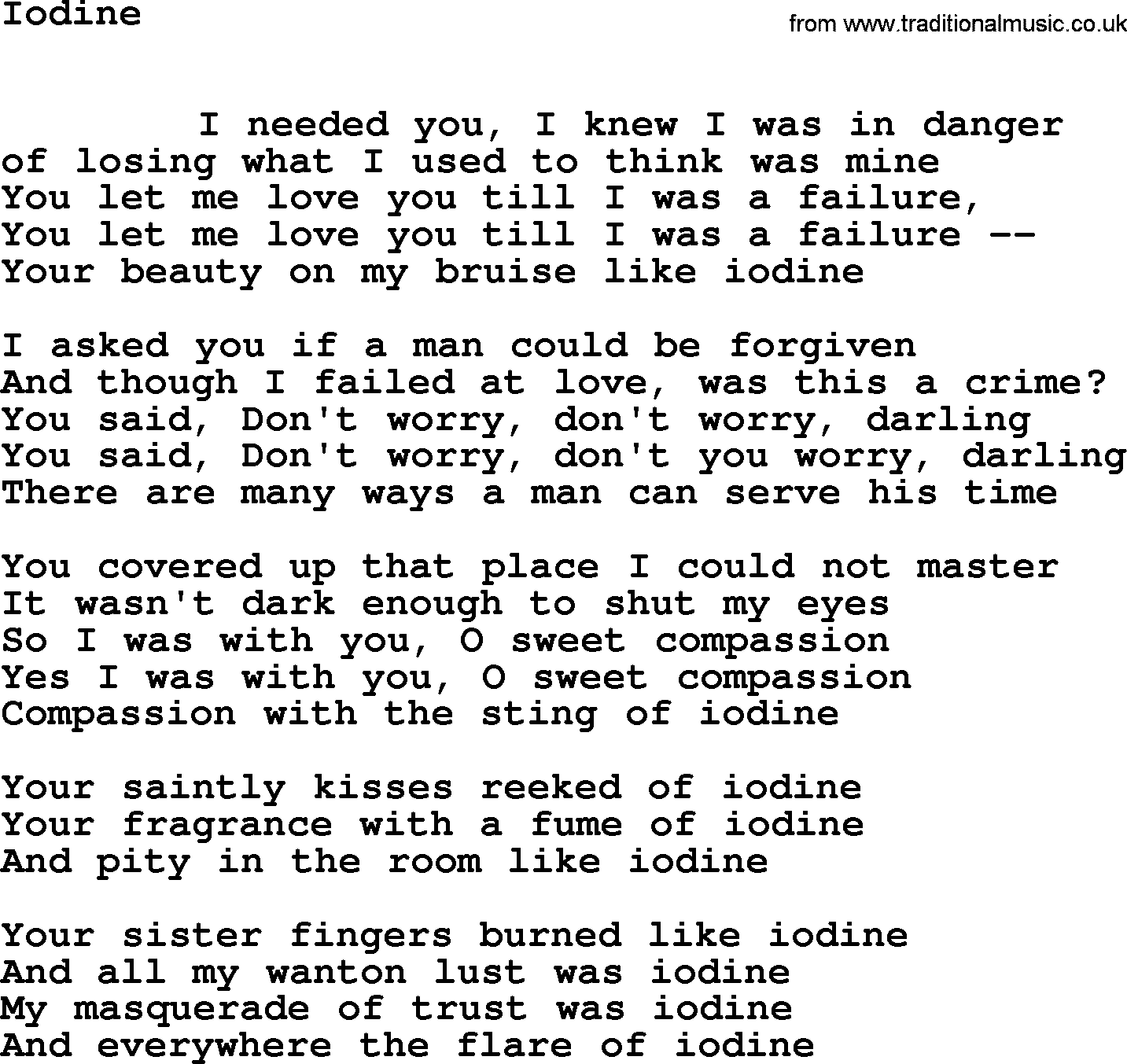 Leonard Cohen song Iodine-leonard-cohen.txt lyrics