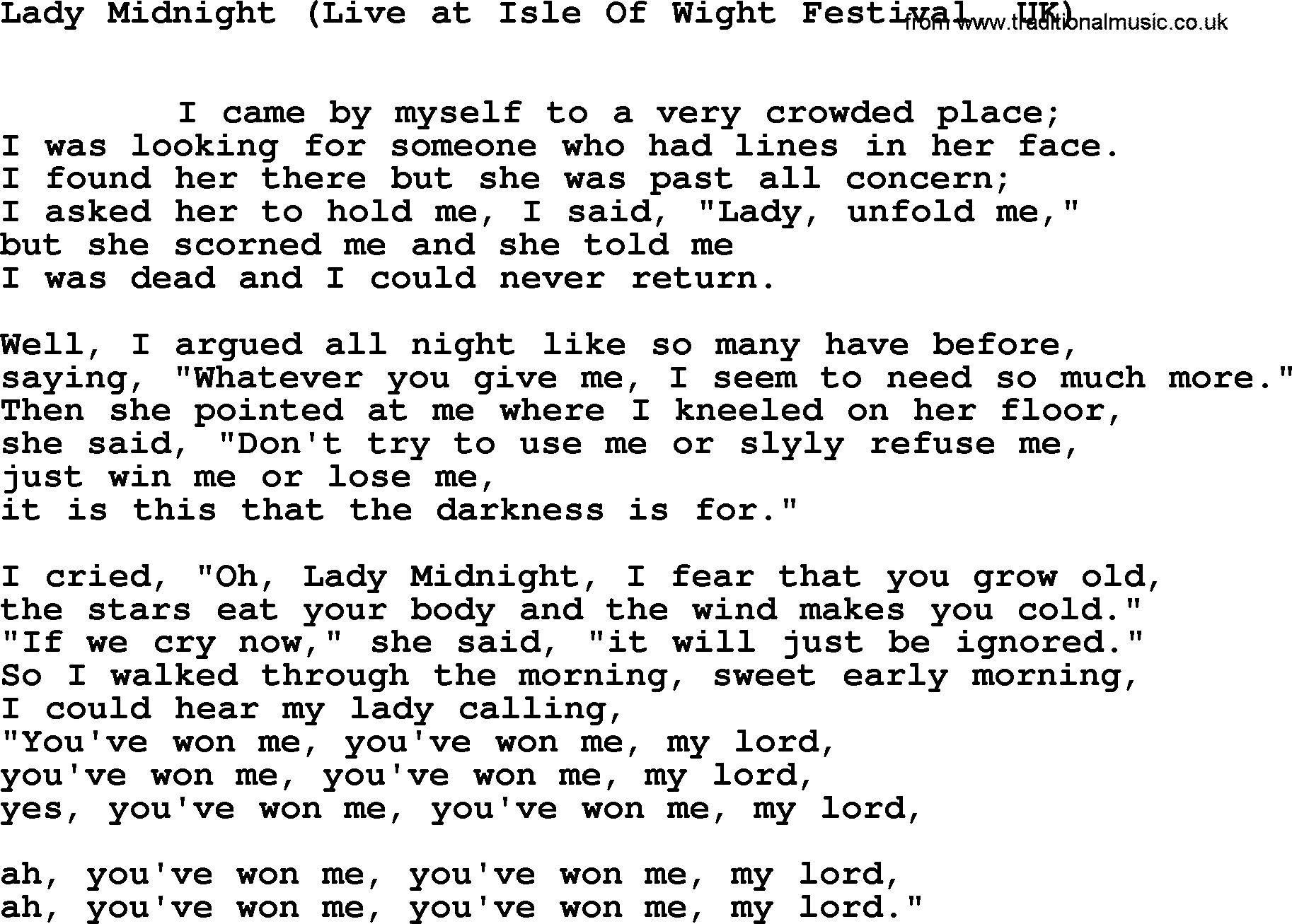 Leonard Cohen song Lady Midnight(Isle Wight Festival)-leonard-cohen.txt lyrics