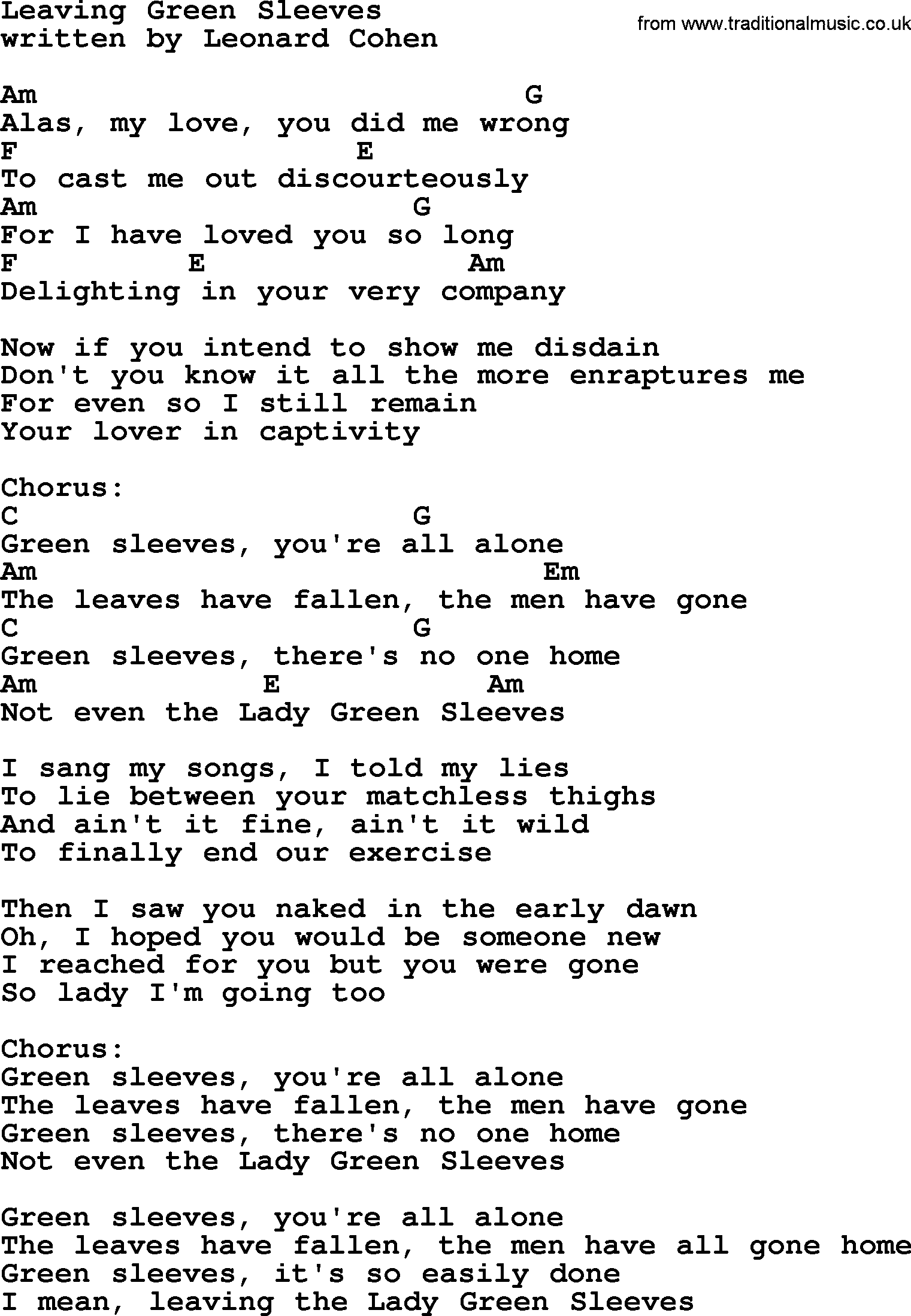 Leonard Cohen song Leaving Green Sleeves, lyrics and chords