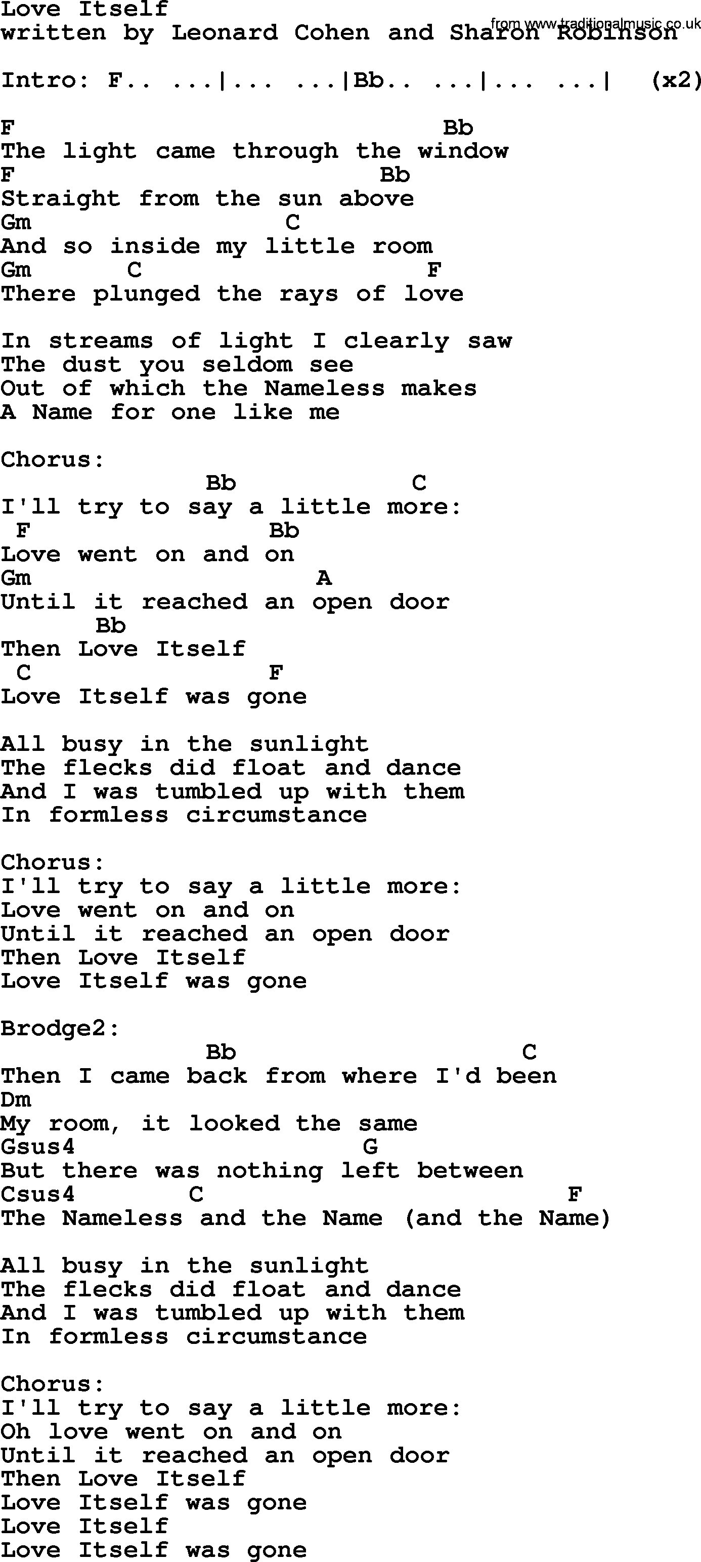 Leonard Cohen song Love Itself, lyrics and chords