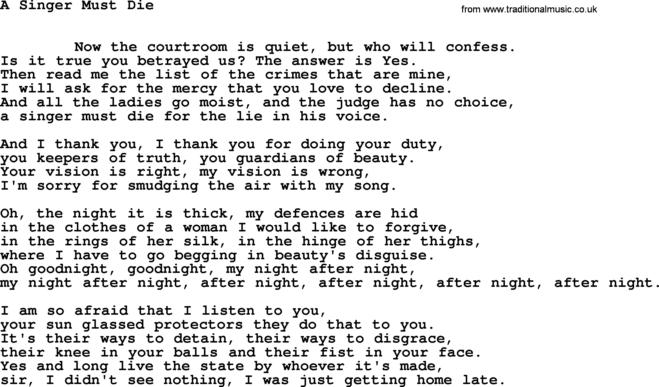 Leonard Cohen song Singer Must Die-leonard-cohen.txt lyrics