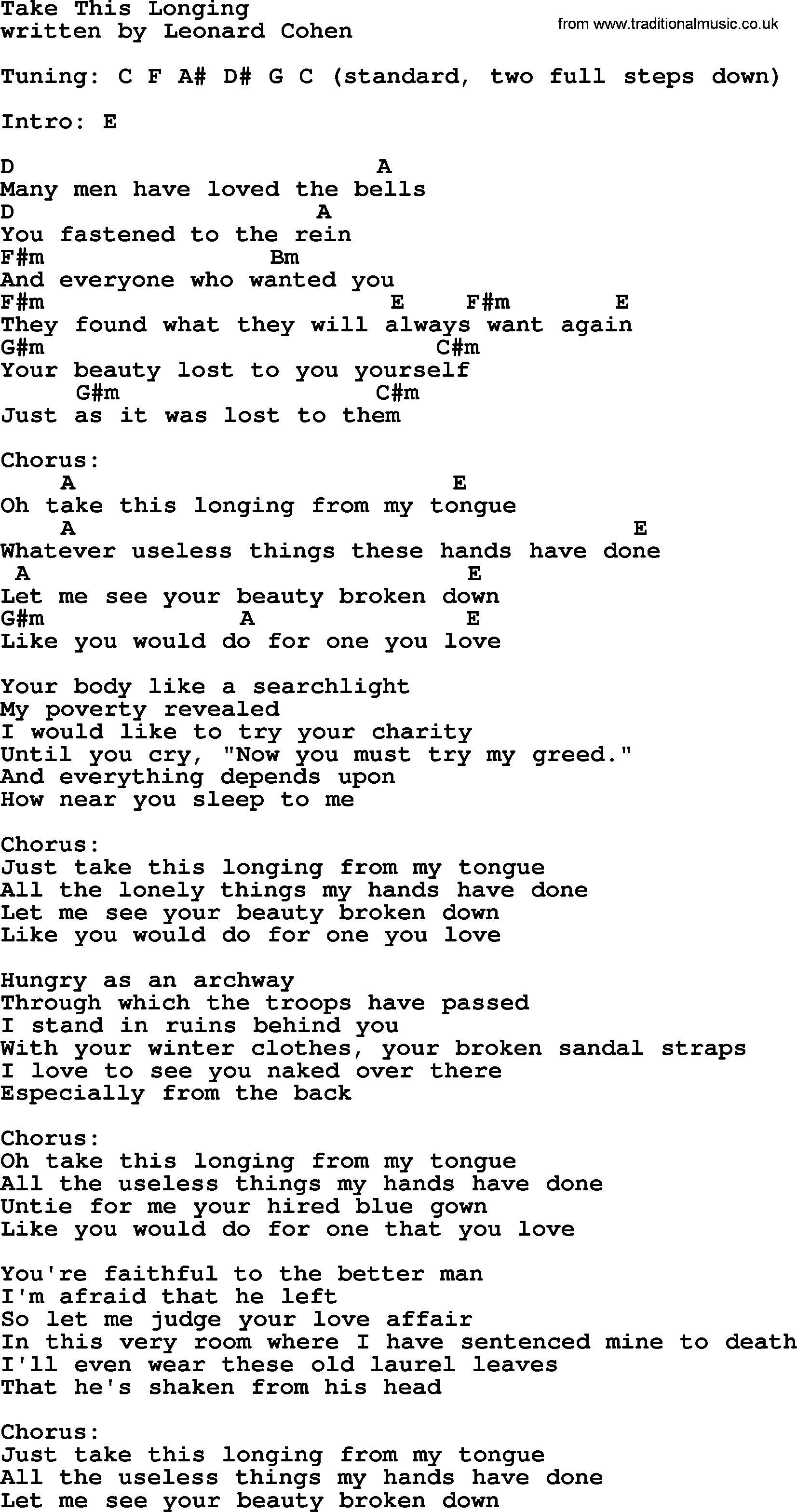Leonard Cohen song: Take This Longing, lyrics and chords
