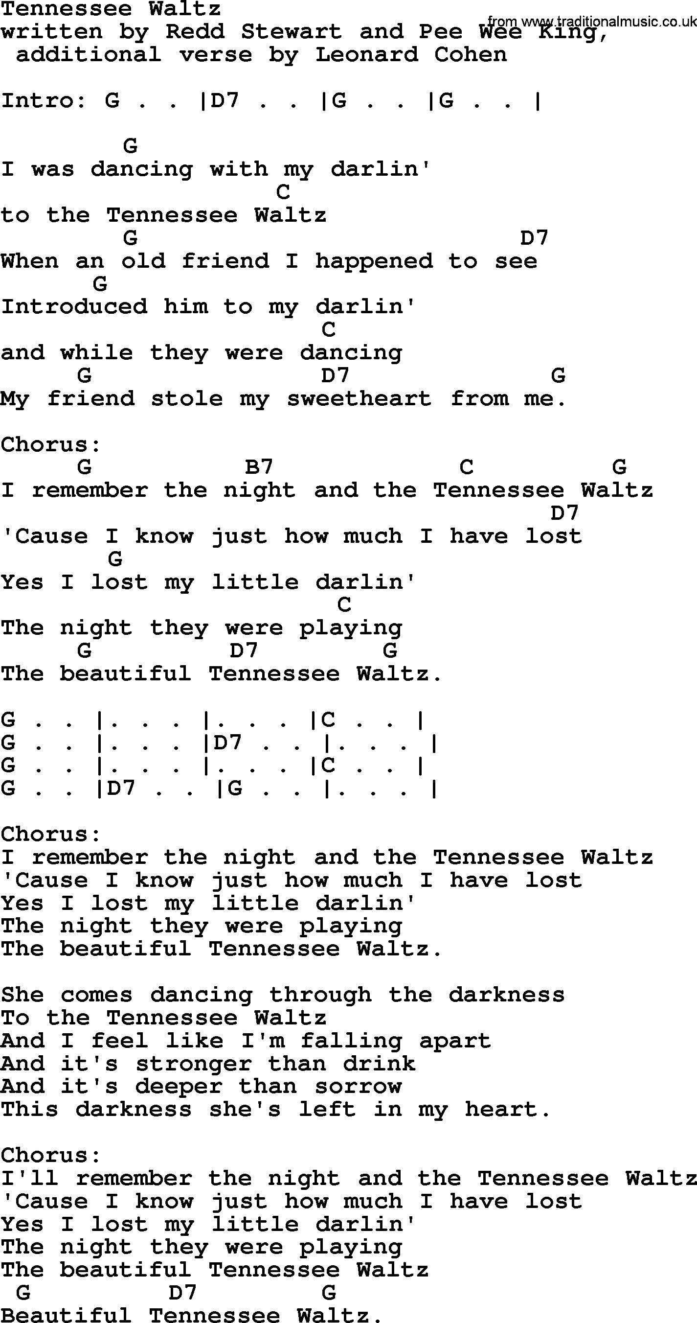 Leonard Cohen song Tennessee Waltz, lyrics and chords