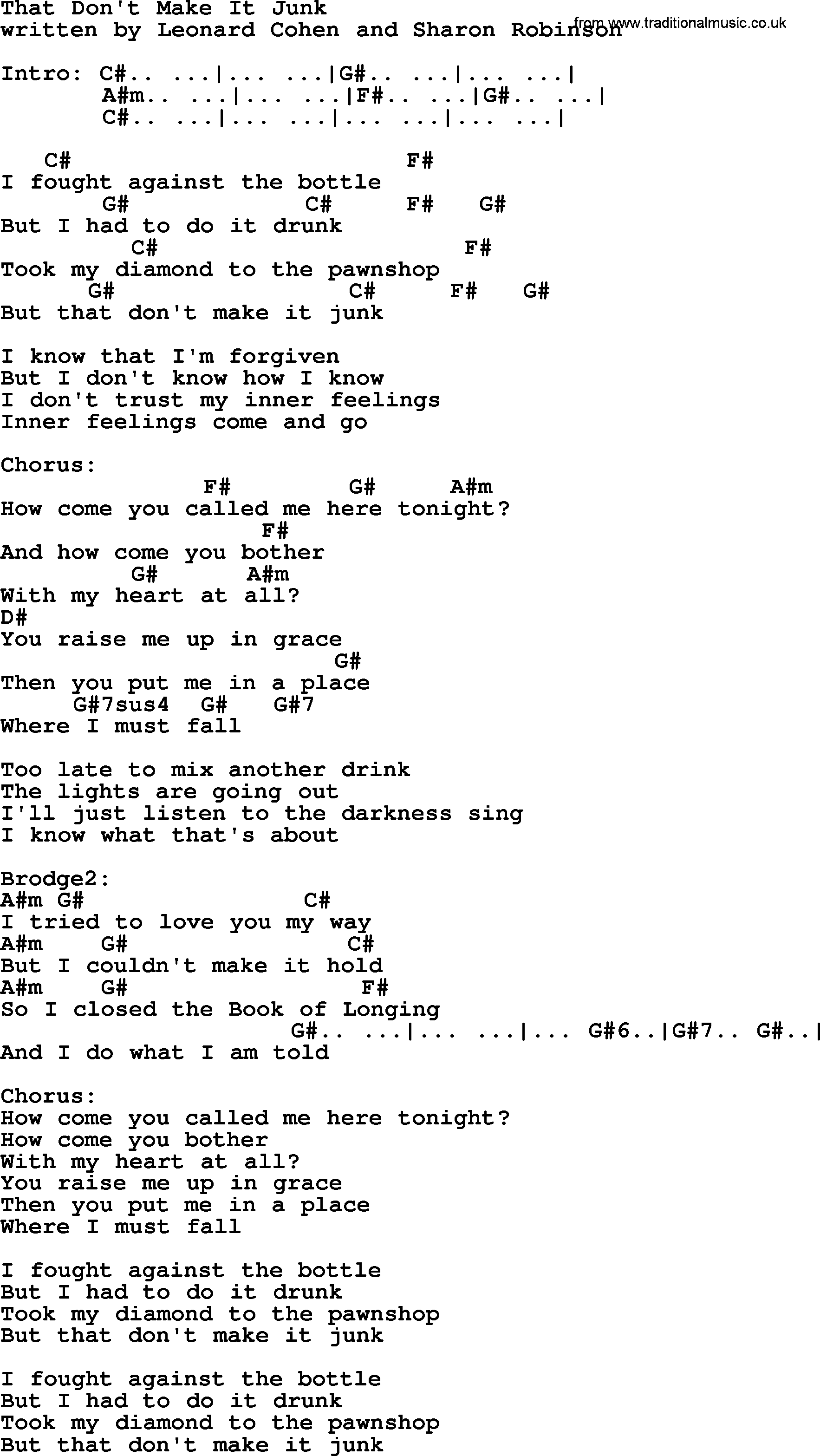 Leonard Cohen song That Dont Make It Junk, lyrics and chords