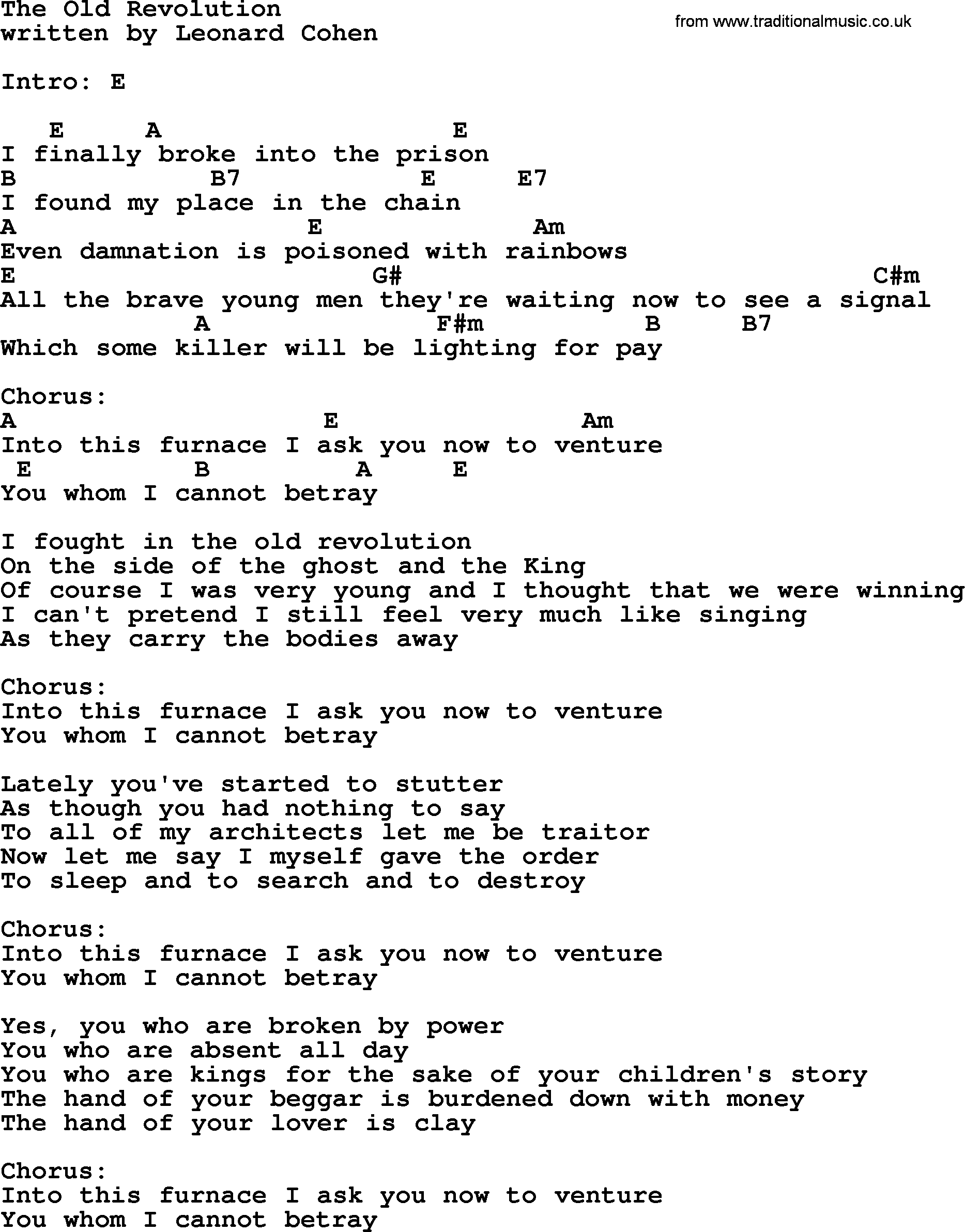 Leonard Cohen song The Old Revolution, lyrics and chords