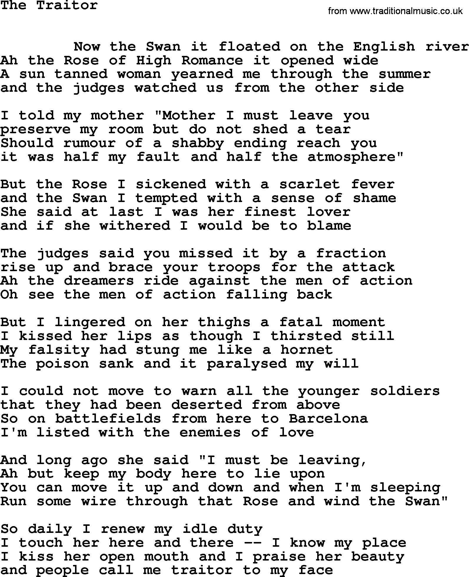 Leonard Cohen song: Traitor lyrics