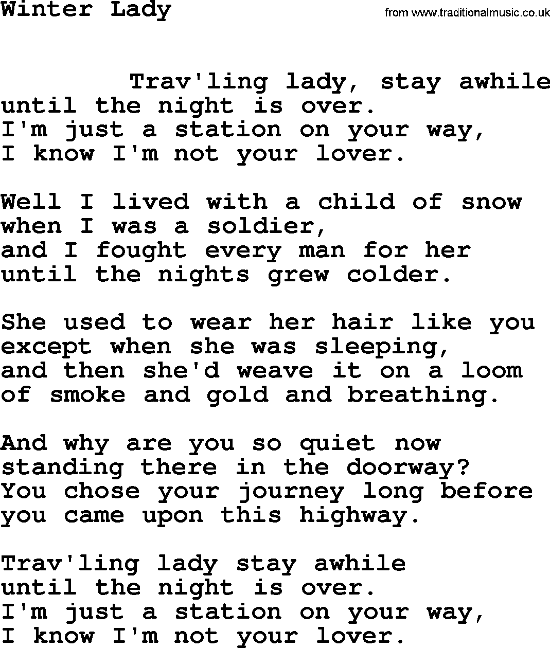 Leonard Cohen song Winter Lady-leonard-cohen.txt lyrics