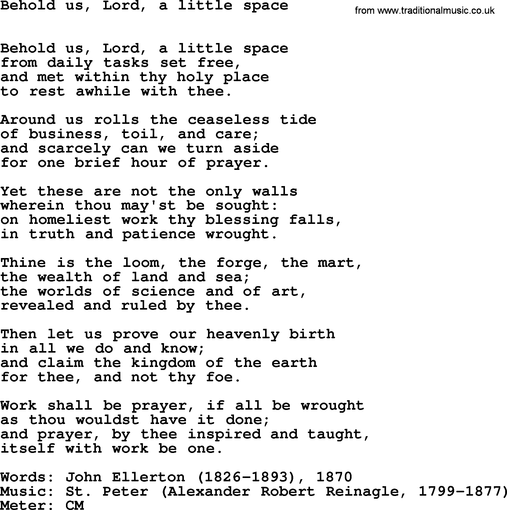 Book of Common Praise Hymn: Behold Us, Lord, A Little Space.txt lyrics with midi music
