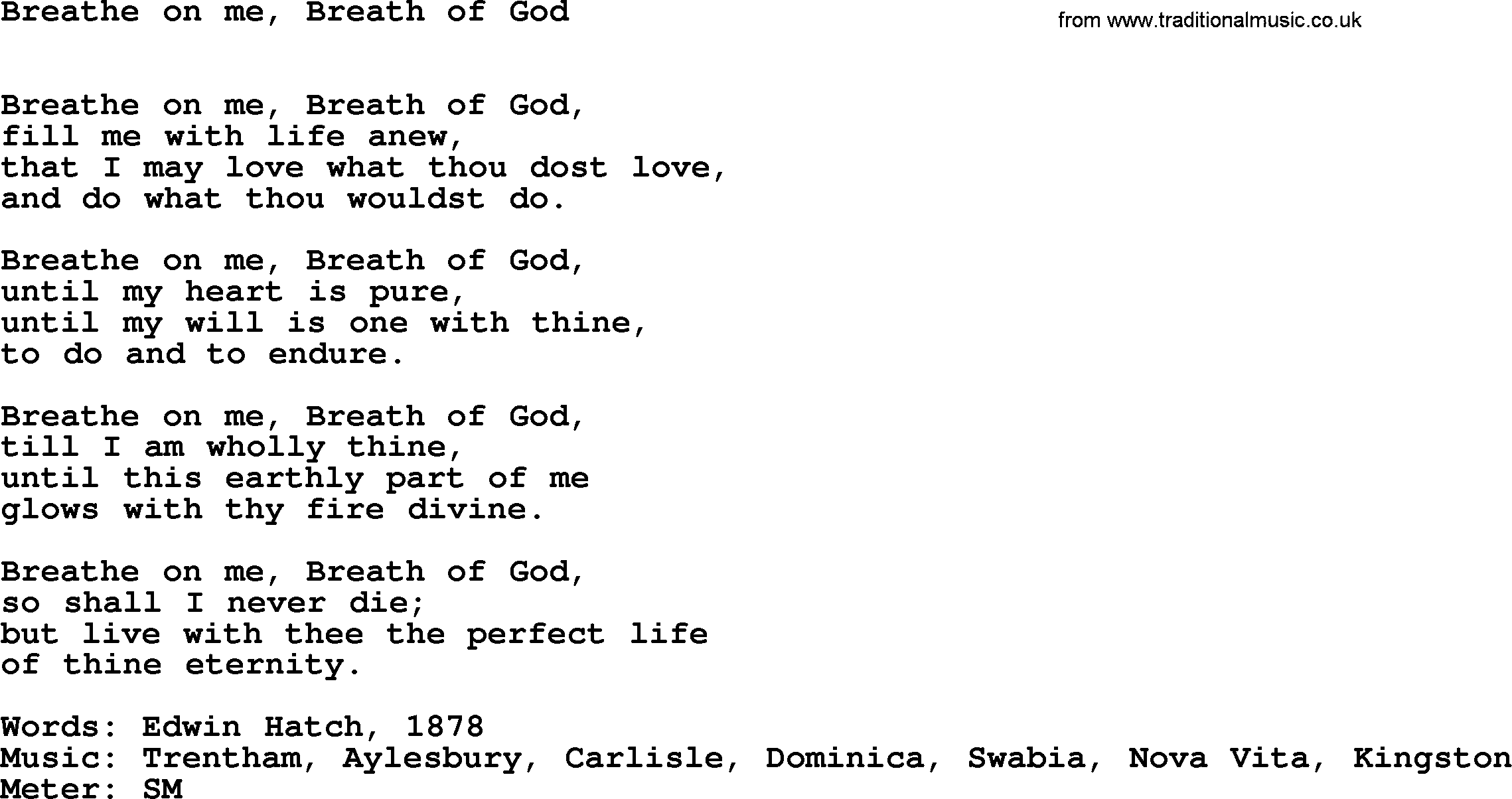 Book of Common Praise Hymn: Breathe On Me, Breath Of God.txt lyrics with midi music