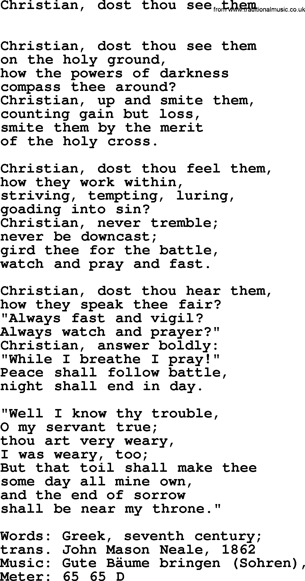 Book of Common Praise Hymn: Christian, Dost Thou See Them.txt lyrics with midi music