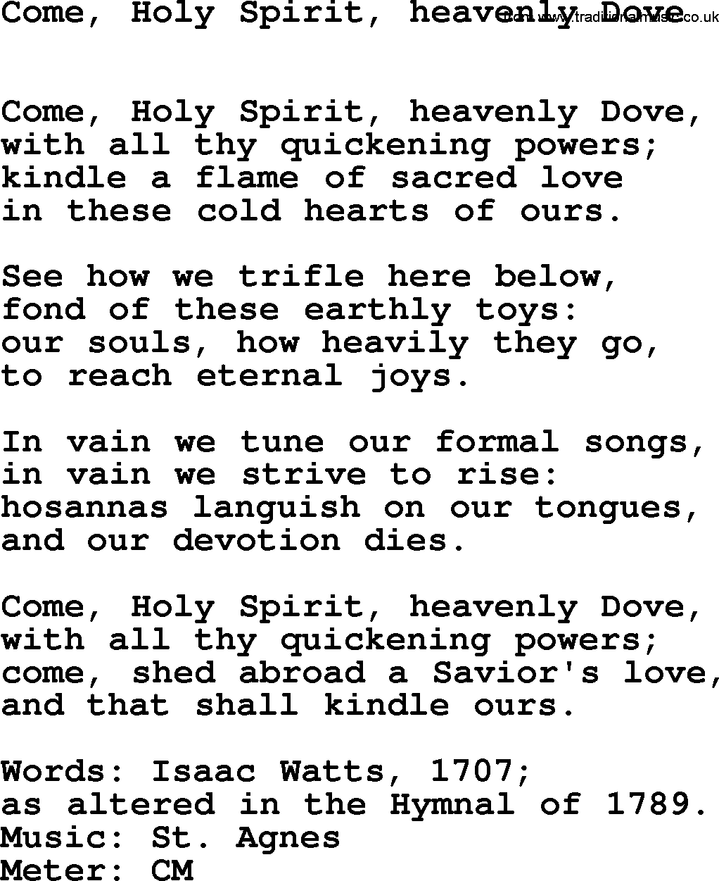 Book of Common Praise Hymn: Come, Holy Spirit, Heavenly Dove.txt lyrics with midi music