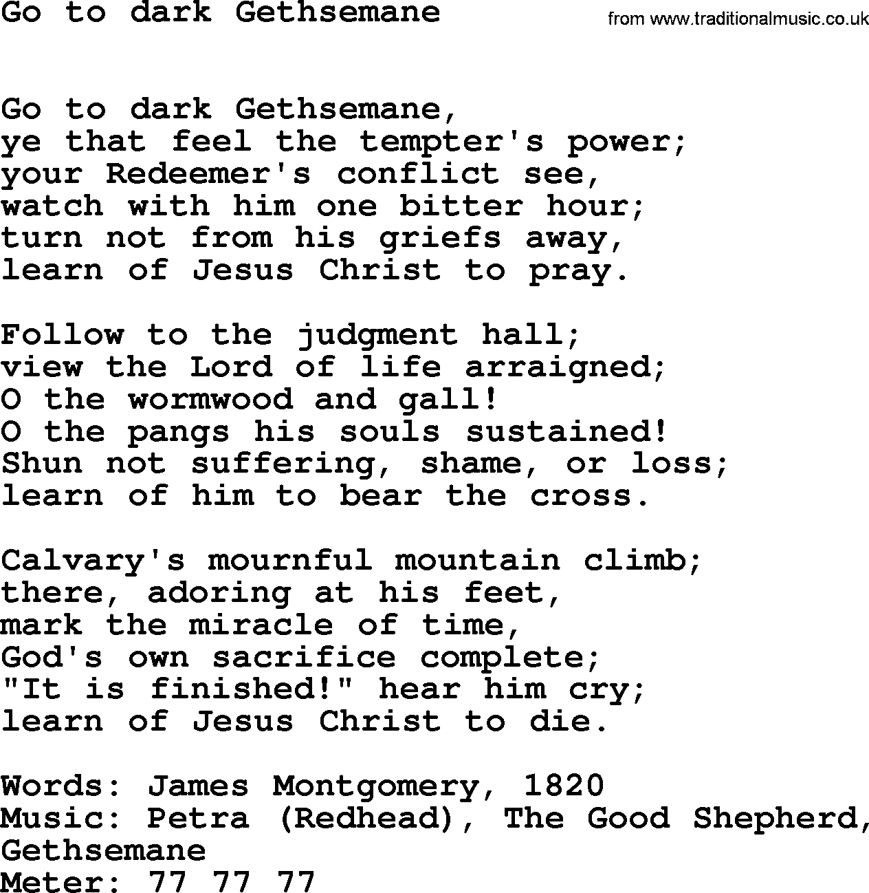 Book of Common Praise Hymn: Go To Dark Gethsemane.txt lyrics with midi music