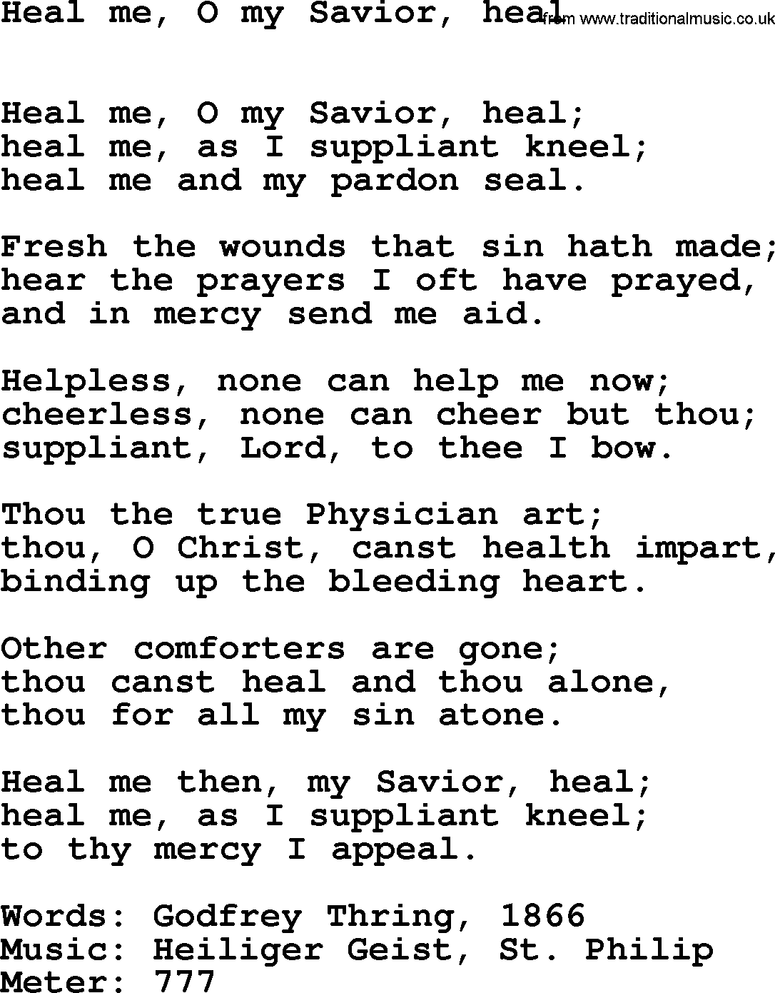 Book of Common Praise Hymn: Heal Me, O My Savior, Heal.txt lyrics with midi music