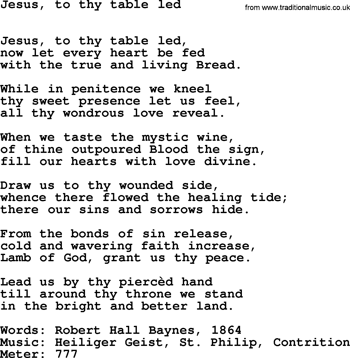 Book of Common Praise Hymn: Jesus, To Thy Table Led.txt lyrics with midi music