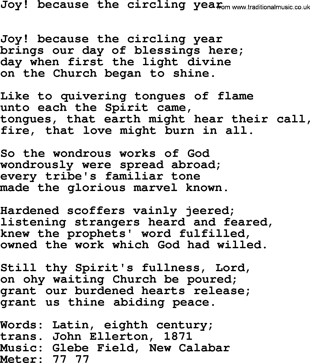 Book of Common Praise Hymn: Joy! Because The Circling Year.txt lyrics with midi music
