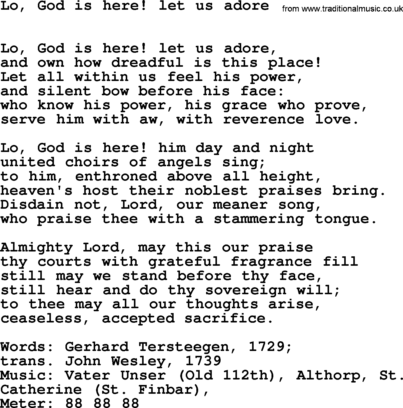Book of Common Praise Hymn: Lo, God Is Here! Let Us Adore.txt lyrics with midi music
