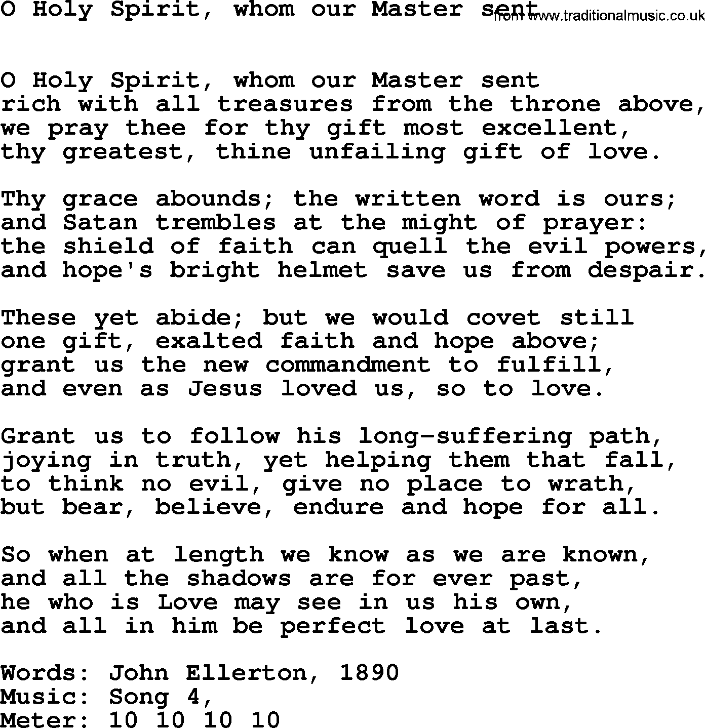 Book of Common Praise Hymn: O Holy Spirit, Whom Our Master Sent.txt lyrics with midi music