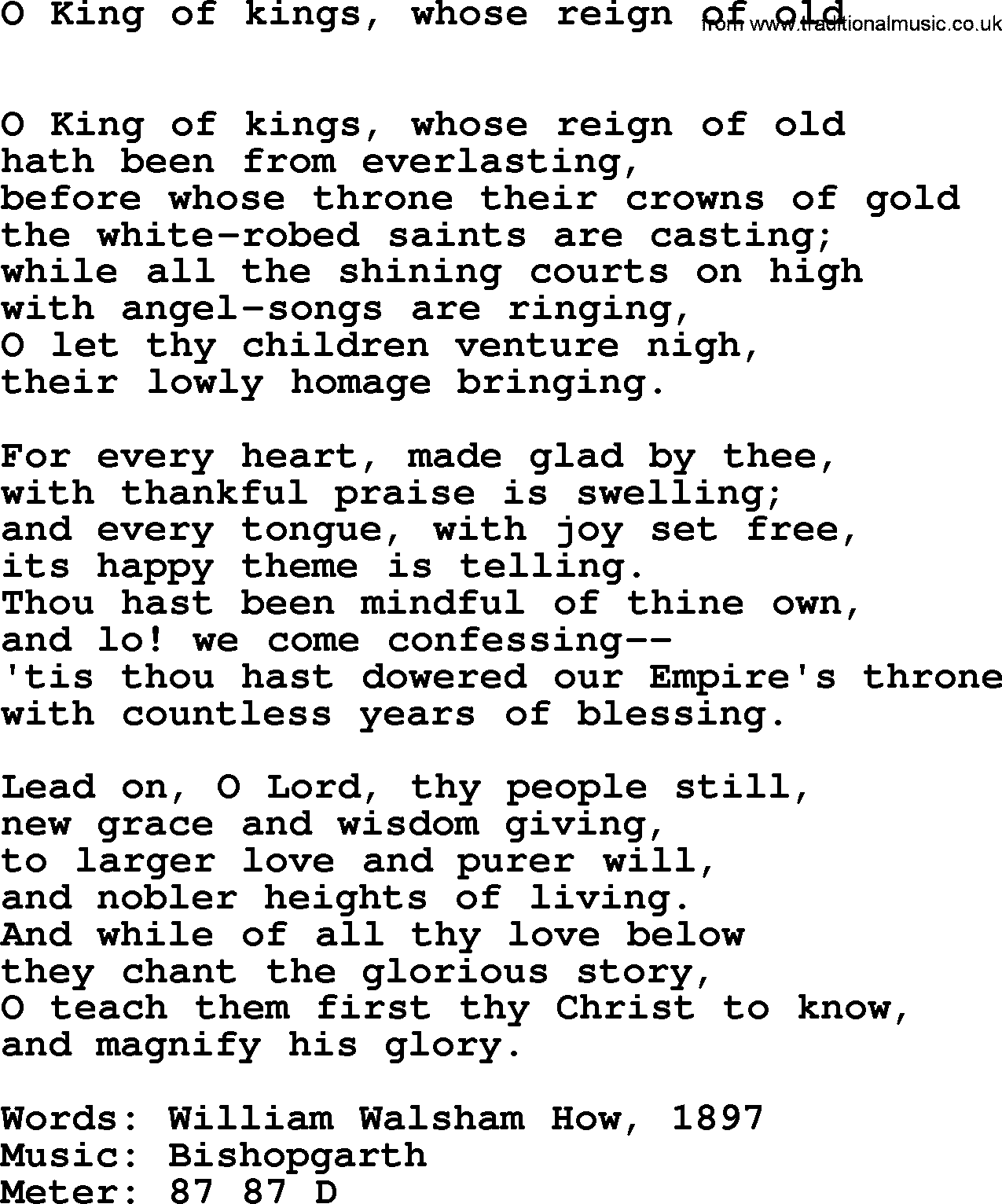 Book of Common Praise Hymn: O King Of Kings, Whose Reign Of Old.txt lyrics with midi music